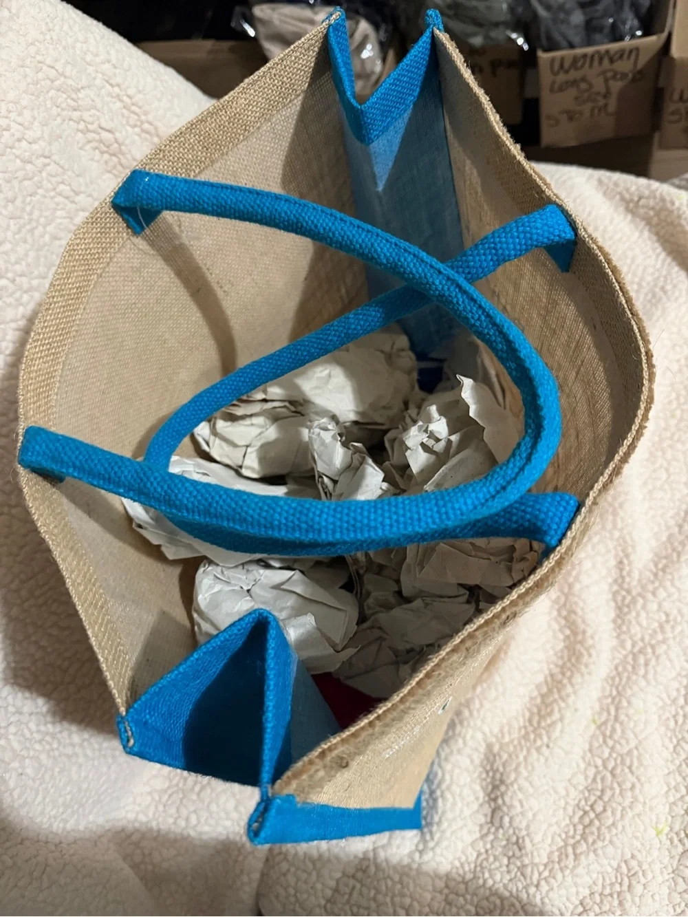 The Bahamas Jute Laptop Tote Bag with Blue Trim